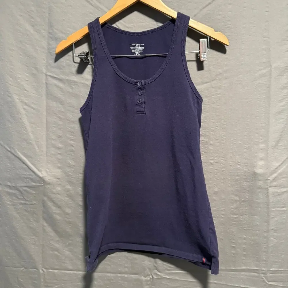 Tommy Hilfiger Girls Tank Top Shirt Size L (10-12) Navy Blue Henley Cotton